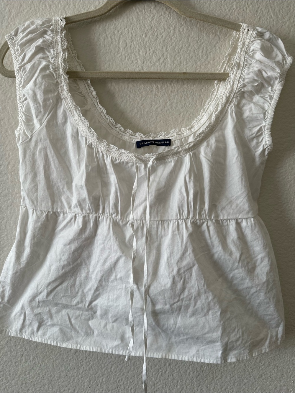Brandy Melville White Lace-Trim Scoop Neck Peasant Blouse